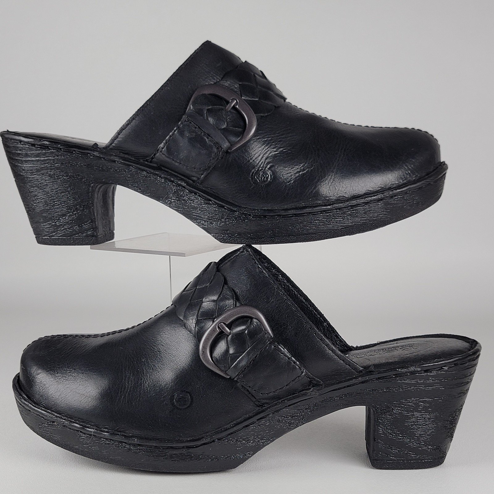 Born D47003 Size 10M Women’s Black Leather Cross Straps Buckle Heels Mule Clogs
