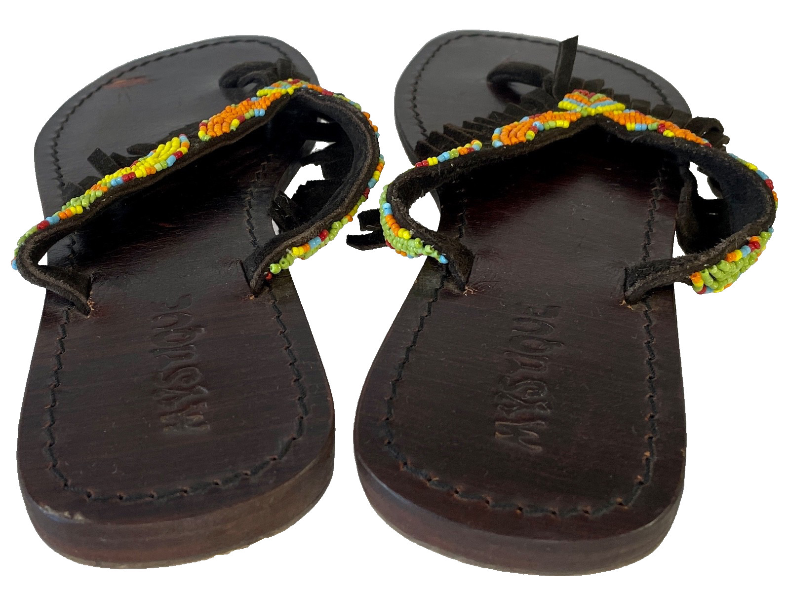 MYSTIQUE Handmade Beaded Suede Leather Fringe Thong Sandal 9 fits 8 Brown $240