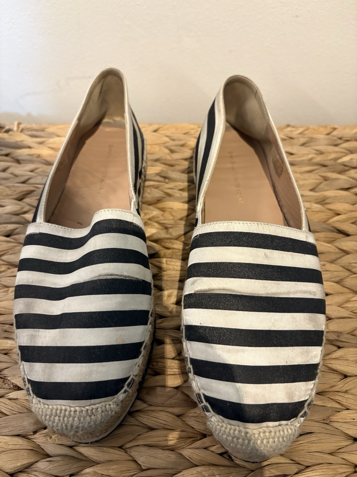 Diane von Furstenberg Women’s Black White Striped Espadrille Flats Slip-On 8