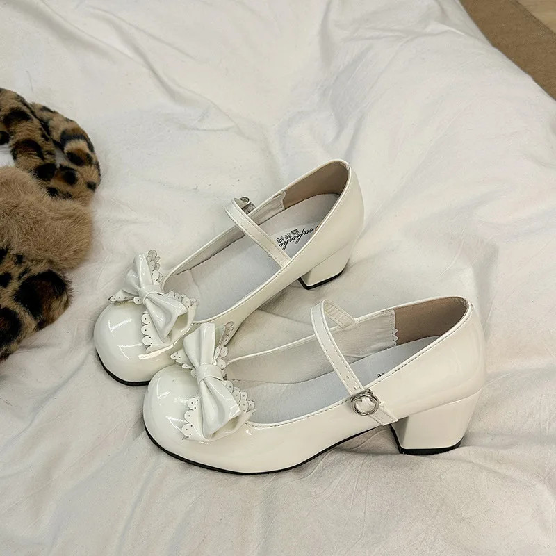 Cute Butterfly-Knot Women Lolita Mary Jane Shoes Concise Thick Heel Leather Shoe