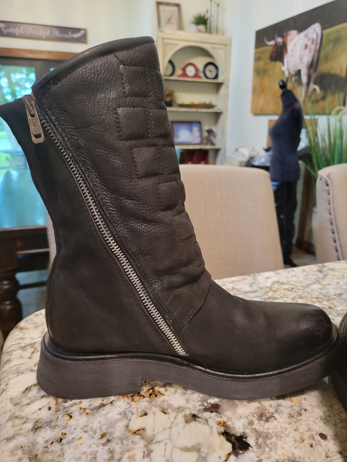Women’s A.S.98 Neo Black Leather Quilted Biker Zip Mid-Calf Boots EU 38 US 8