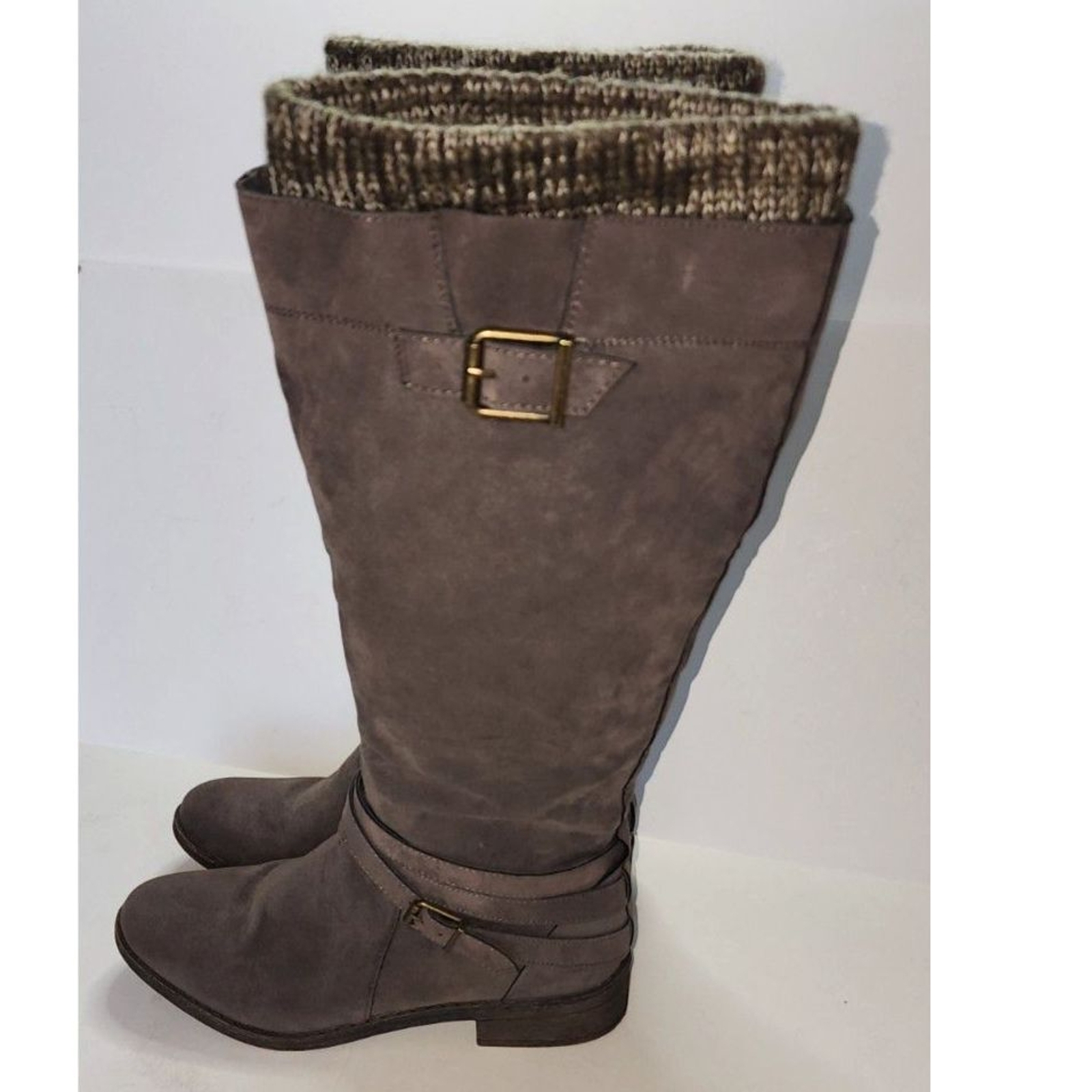 Shoedazzle Brownish Gray Knit Top Hally Buckle Knee High Boots Sz 7.5