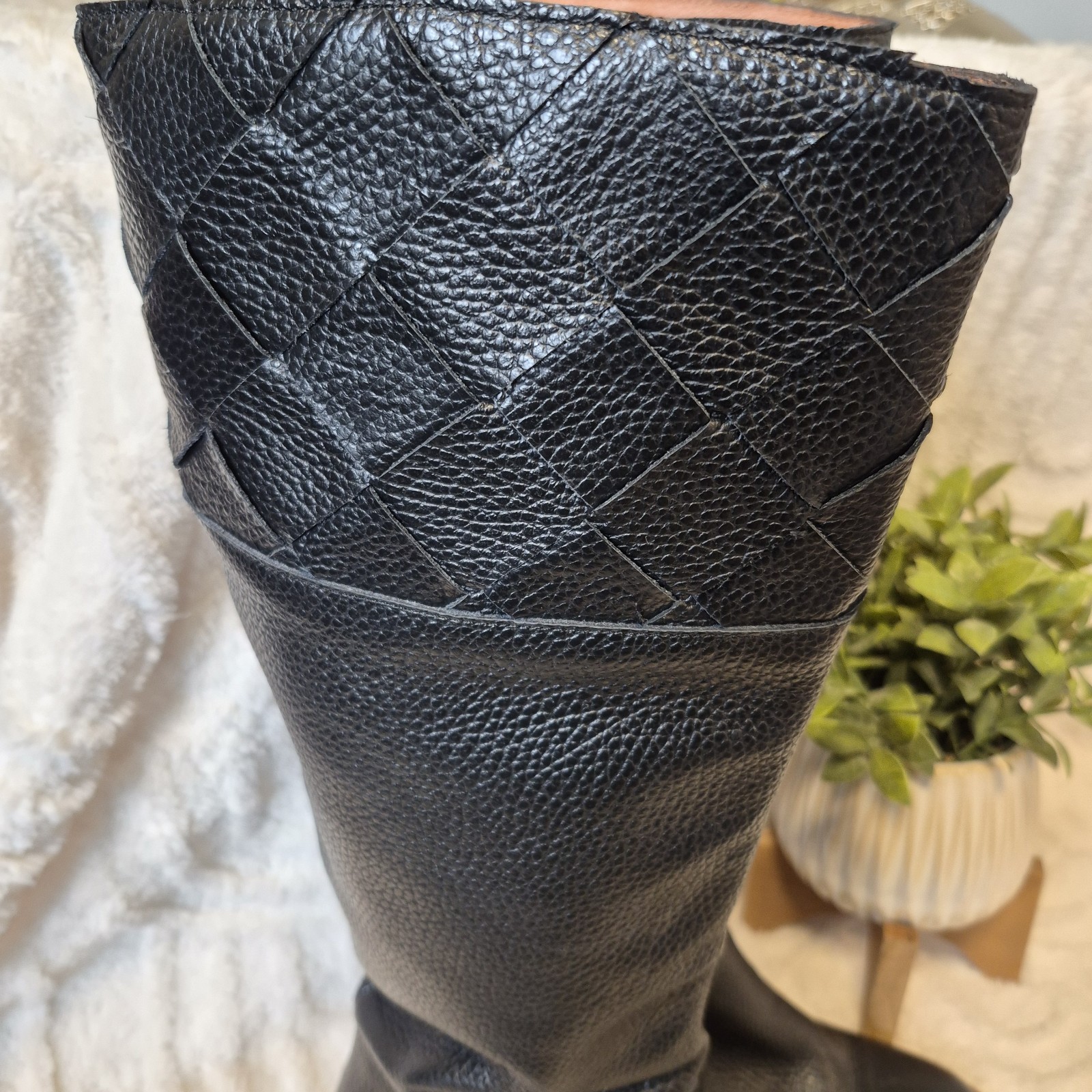 Anthropologie Angel Alarcon Riding Boots Black Woven Leather Cuero Heeled Sz 6.5