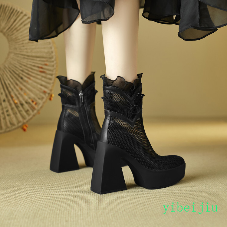 Women’s Ruffle Platform High Heel Fishnet Mesh Ankle Boots Lace Shoes Breathable