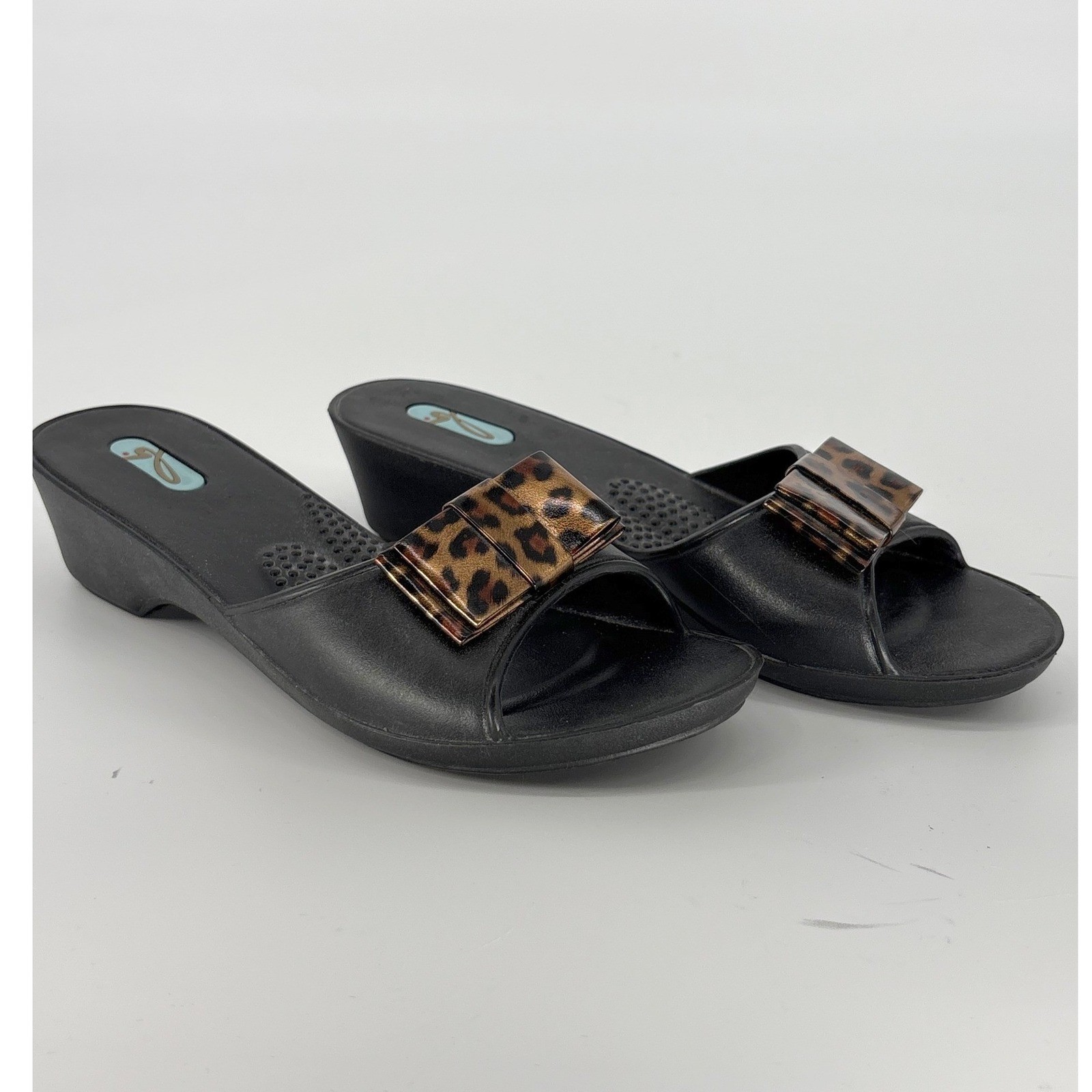 Oka-B Leopard Bow Wedge Sandals Womens 6 Black Slides Shoes Made in USA