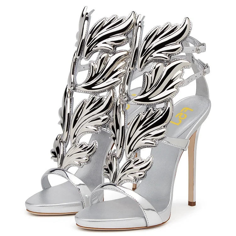 Metallic Silver Evening Shoes Open Toe Strappy Heeled Sandals WSO1906096
