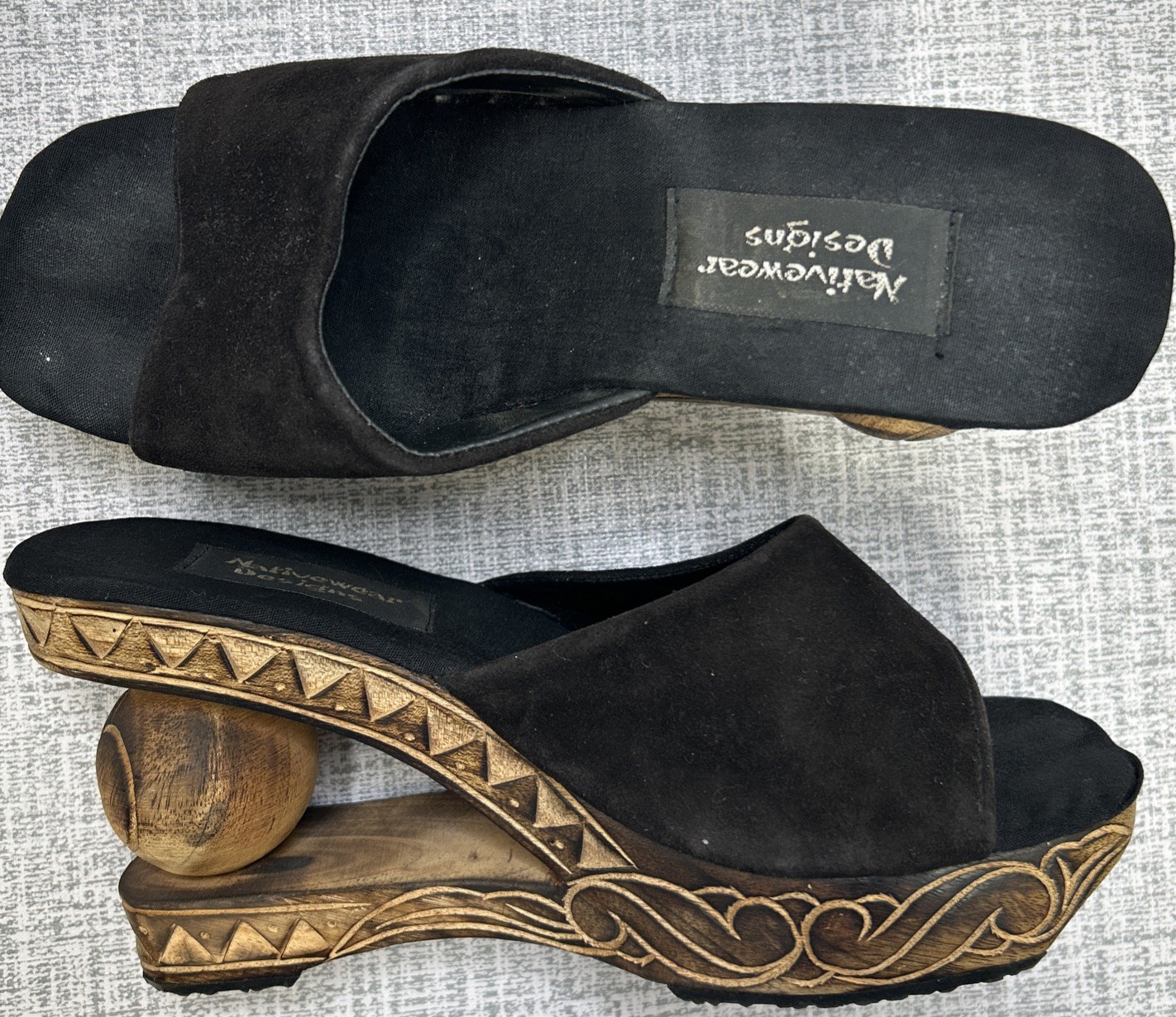 Hand Carved Wood Wedge Heel Shoe Slip On Sandal 38 / 6 Boho Whimsy Art