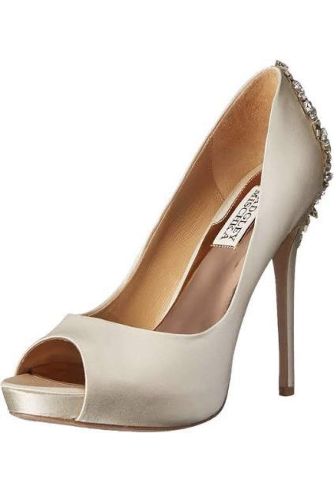 Badgley Mischka Women’s Kiara Crystal Stiletto Pump, Peep Toe, Latte, Size 8.5