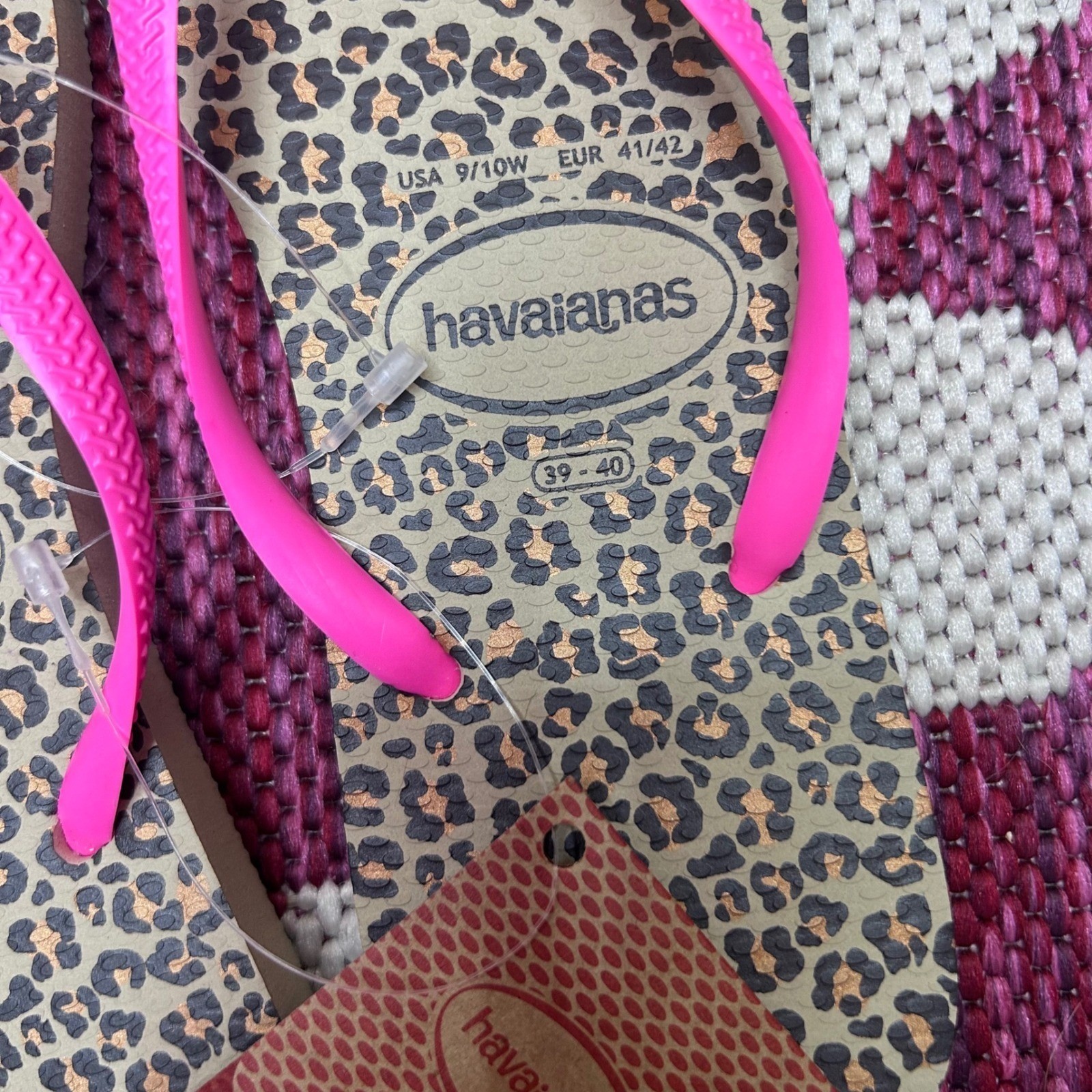 Havaianas Slim Leopard Flip Flops Neon Pink Straps Womens 9/10 39/40 New