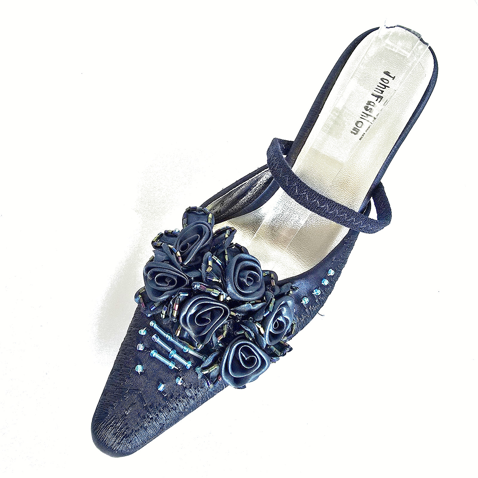 John Fashion A2009-C Teal Satin Slingback Stiletto Heels Size 8 Beaded Roses