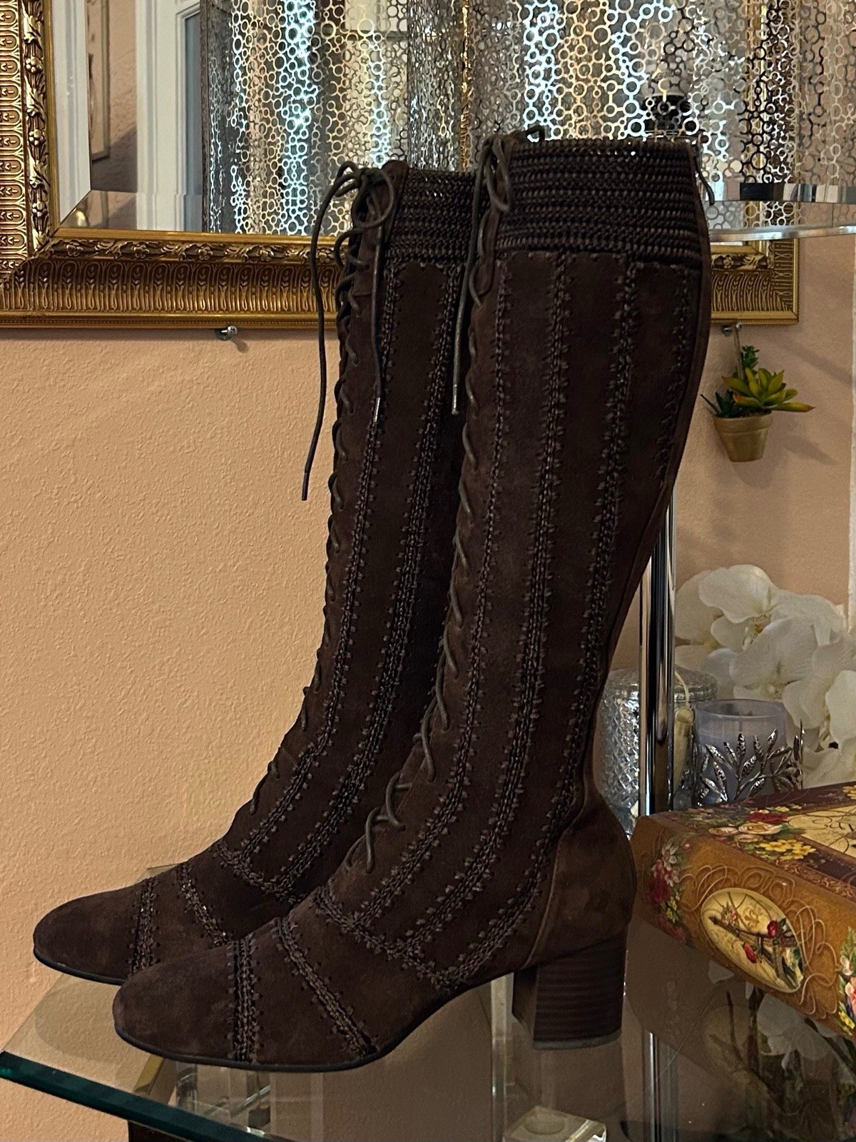 Free People Silent D Brown Suede Macrame Knee High Lace Up Boots Size 41