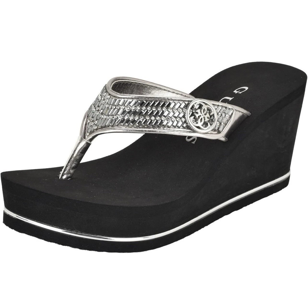GUESS Women’s Gwsarraly ~ 3″ EVA wedge heel ~ Black/Silver ~ Size 9
