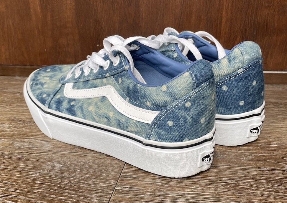 Vans Womens Old Skool Blue Denim Polka Dot Sneakers Size 8.5 Platform Shoe Clean