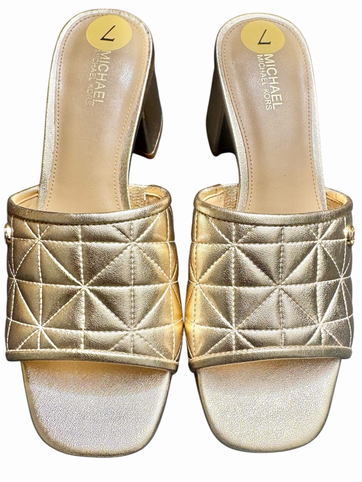 Michael Kors Gold Quilted Slide Sandals Block Heel Women’s Size 7M NWOB
