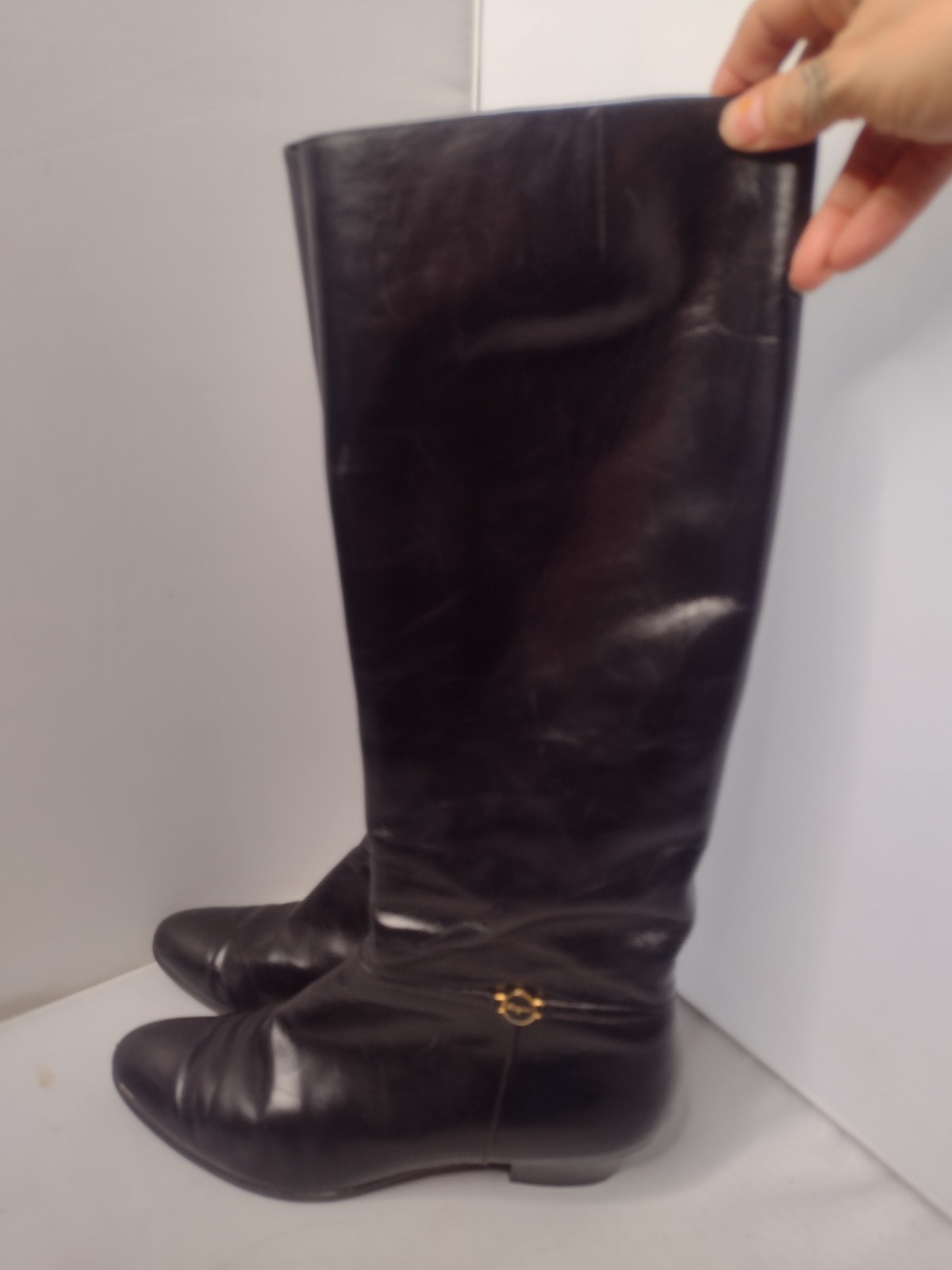 Vtg Salvatore Ferragamo Black Leather Riding Boots 9.5 AAA Equestrian Side Zip