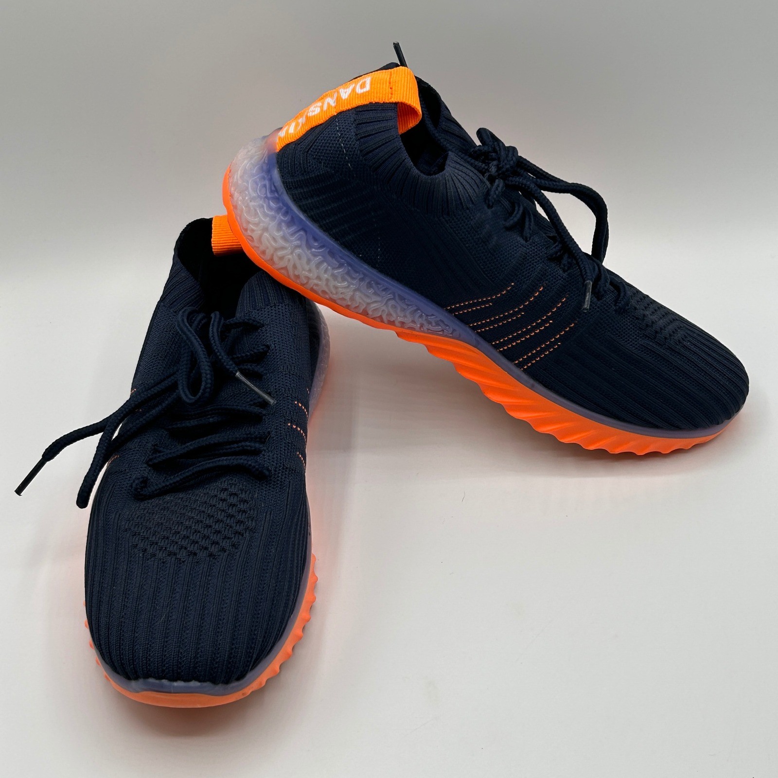 Danskin Positive Womens 7 Navy Blue Orange Neon Knit Vegan Athletic Sneakers