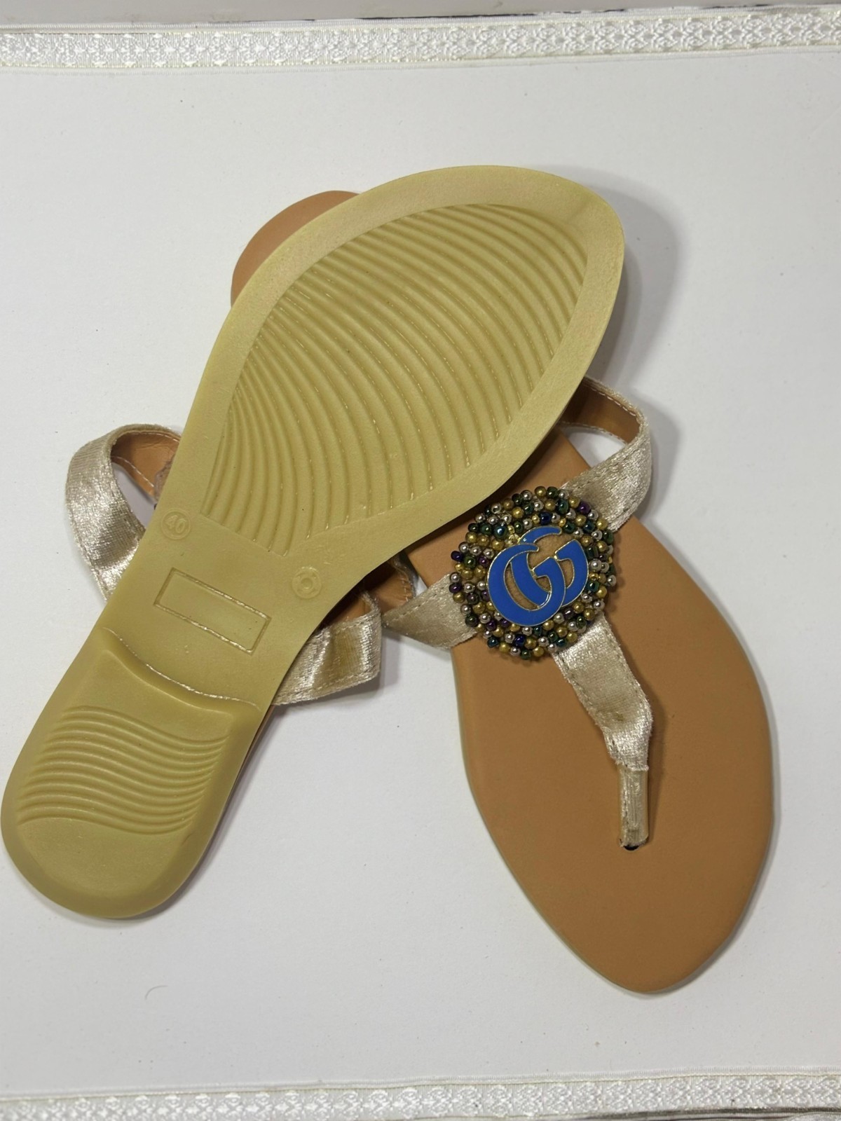 HANDMADE Women’s Gold Slip-On Thong Sandals Logo Beaded Accents Rubber 9