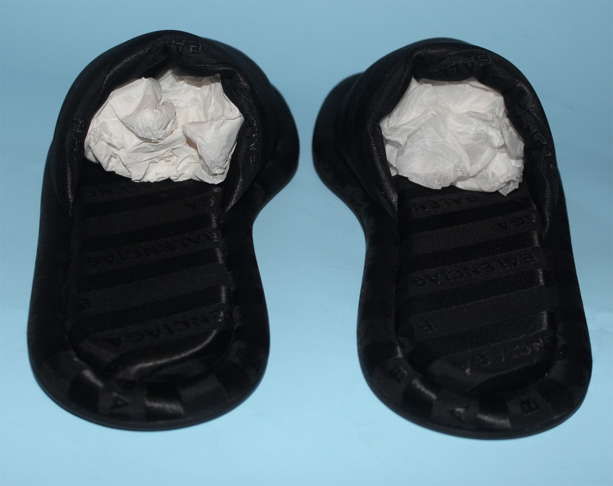 NIB BALENCIAGA Satin Logo Jacquard Hotel Slides Black Demna Le City sz 37 $600