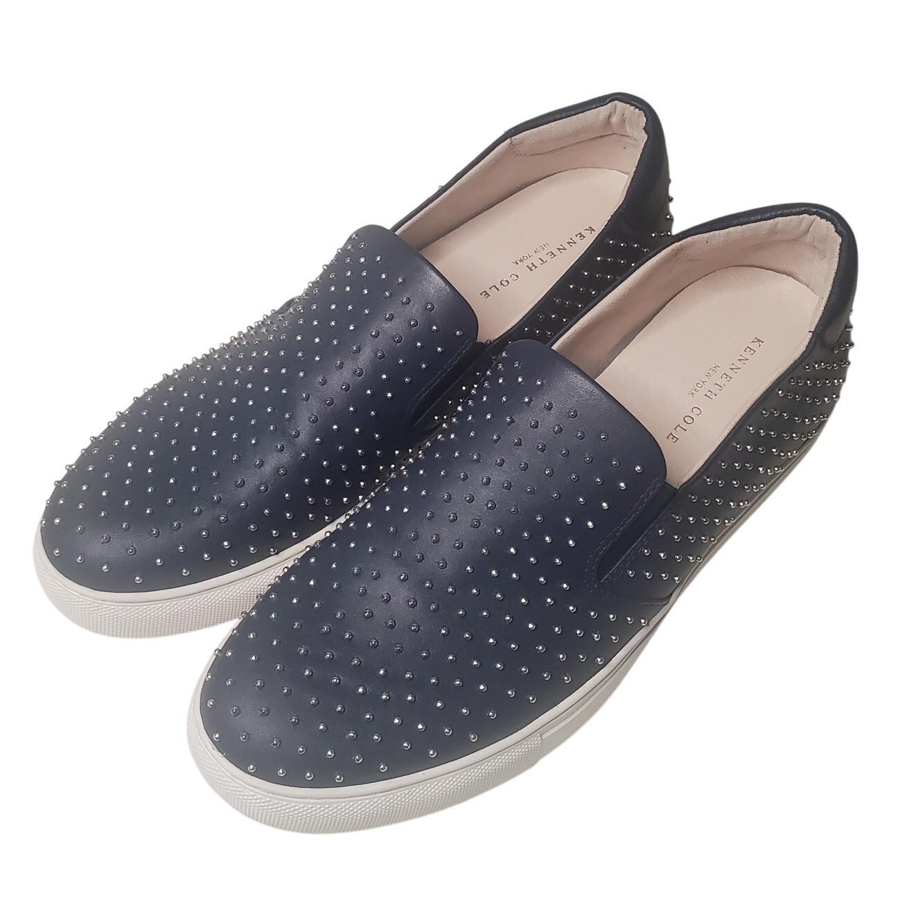 Kenneth Cole Woman’s Size 9.5 King 3 Navy Blue Leather Studded Slip-On Sneakers