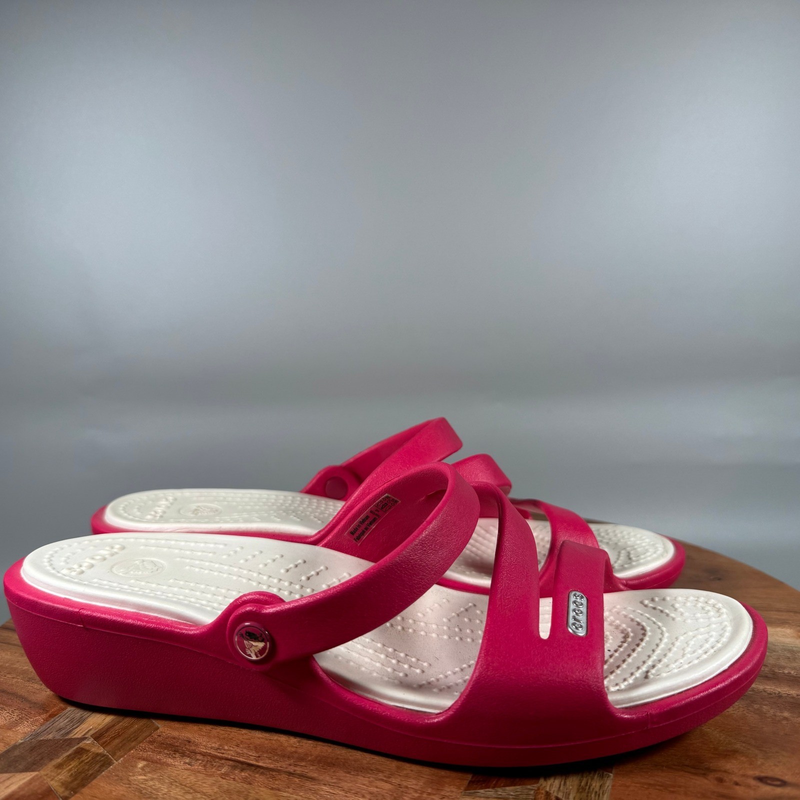 Crocs Monterey Strappy Wedge Sandals Womens 8 Raspberry Pink White Slide Shoes