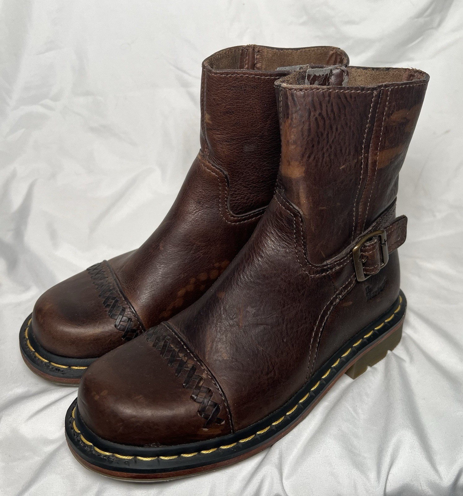 Dr. Martens 3B53 ANISTONE Brown Leather Cross X-Stitch Zip Boots Women’s 6 EU 37