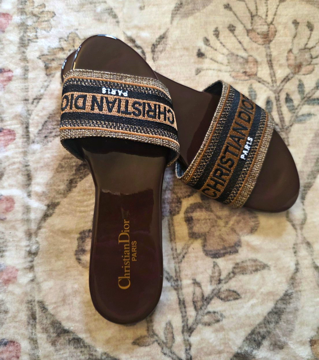 Dior Logo Leather Slide Sandals Brown/Black Women’s US 9 Slip-On Casual