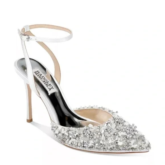 Badgley Mischka Nicolitie Crystal & Pearl Covered Stiletto White Satin SZ 8