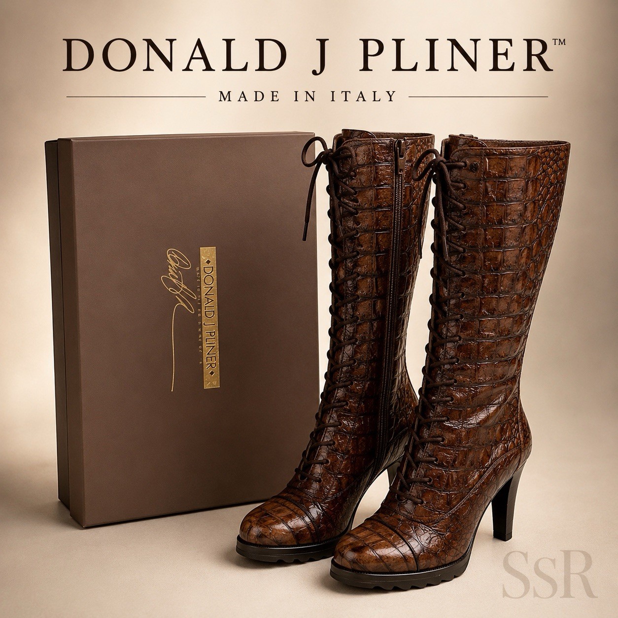 Donald J Pliner Daria Brown Croc Embossed Leather Tall Lace Up Boots Women’s 8M