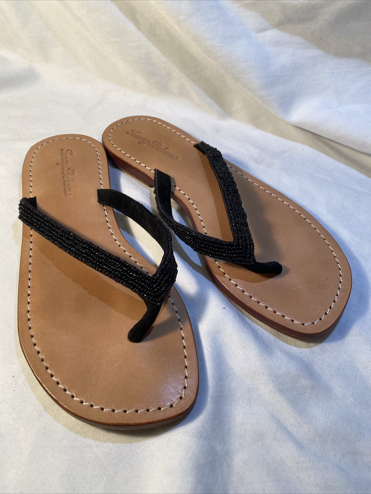 Tommy Bahama Sandals Beaded Black Nautical Flip Flops Sz 6 Preowned