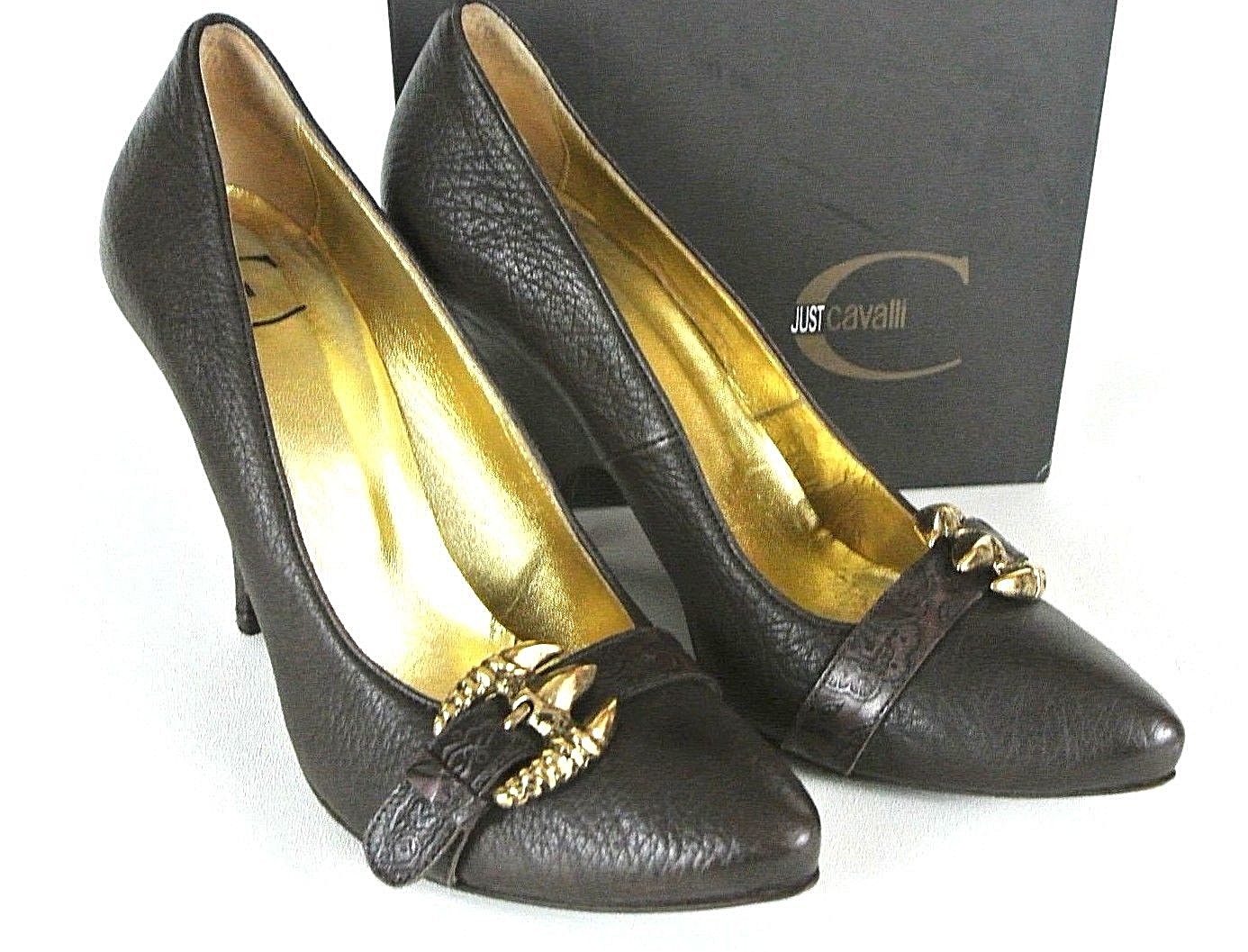 Just Cavalli Brown high Heel pumps 9.5 Gold Buckle Made In Italy Pointy toe*1008