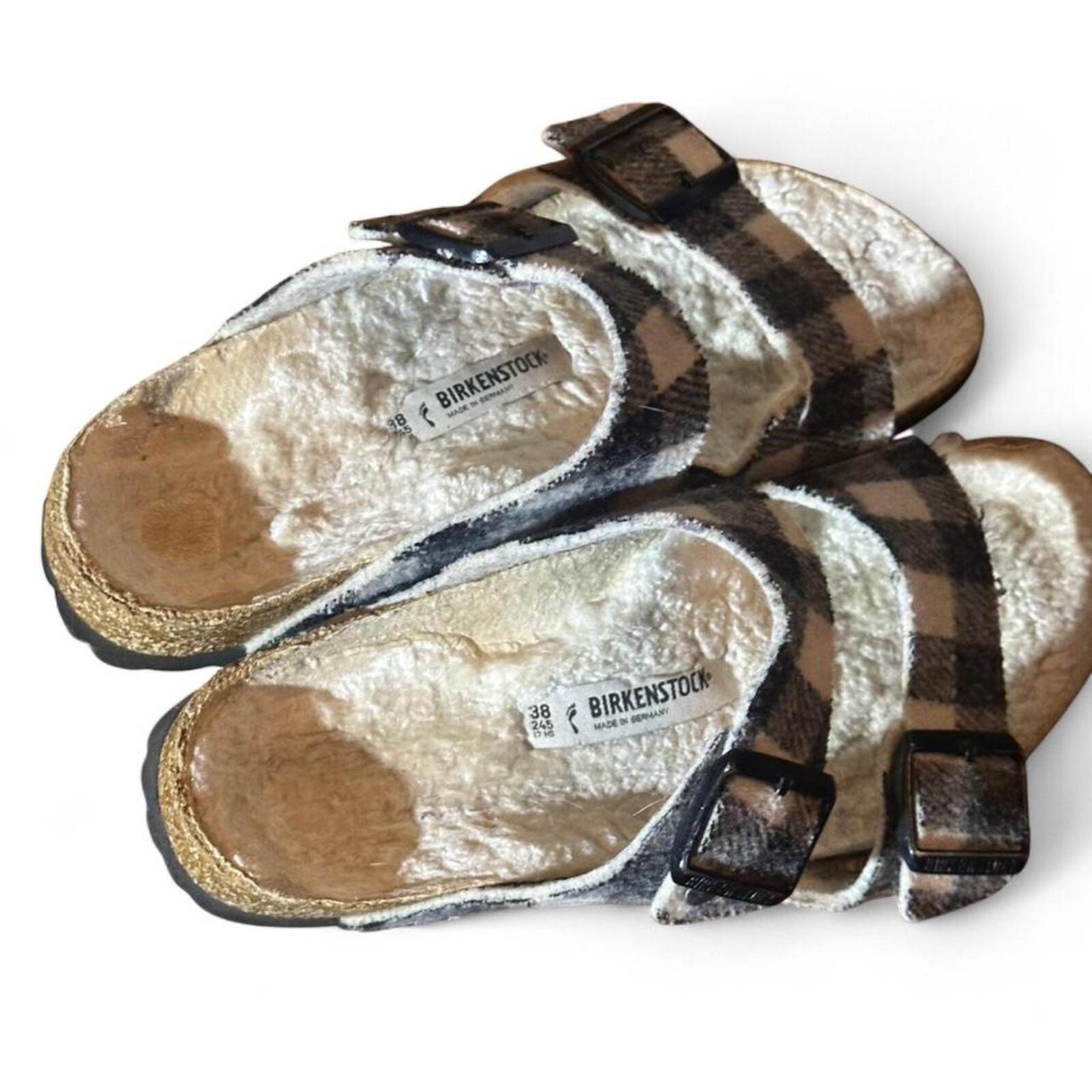 Birkenstock Arizona Shearling Plaid White Sandal Size 38 Narrow / Regular