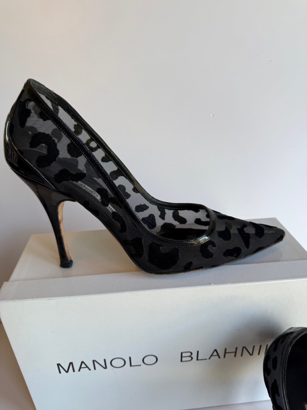 Manolo Blahnik Black Semi-Transparent Leopard Print Pointed Toe Heels