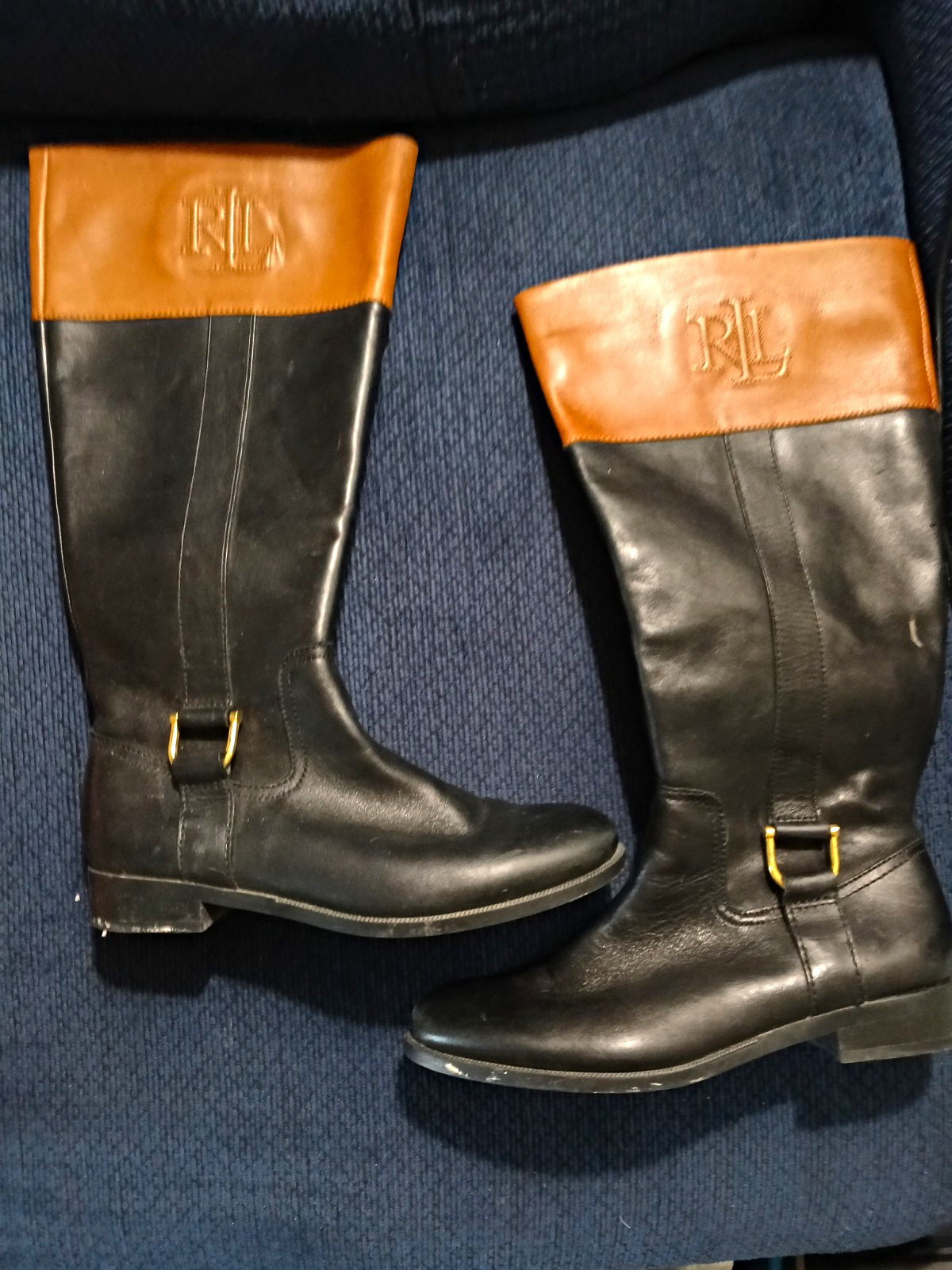 Ralph Lauren Women’s 8 Black Leather Knee-High Riding Boots Logo Cuff Buckle