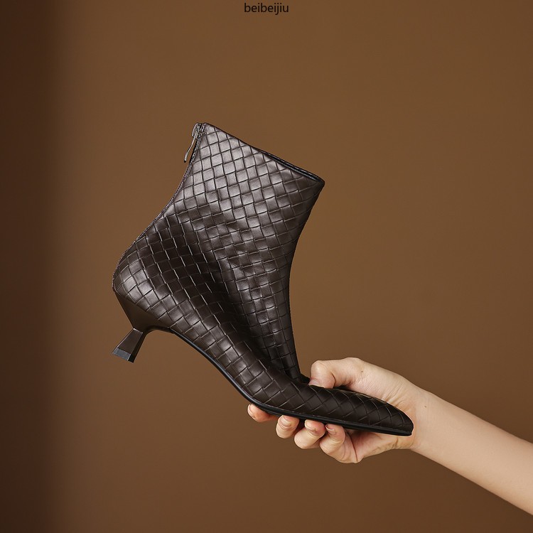 Women’s Weave Real Leather Ankle Boots Low Kitten Heel Dress Fashion Shoes Plus