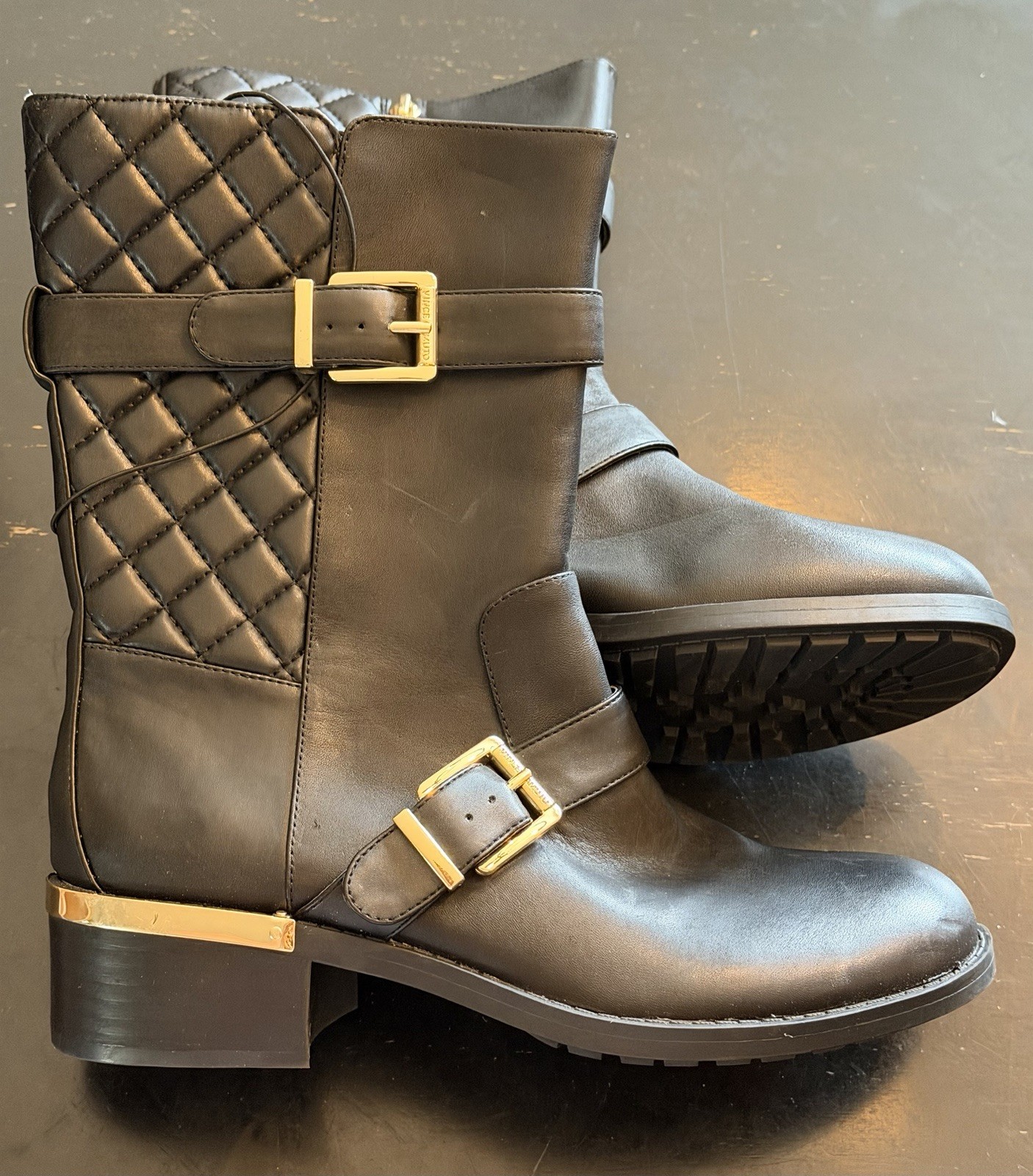 Vince Camuto Women’s Black Leather Mid-Calf Biker Boots, Quilted, Zip, US 8M