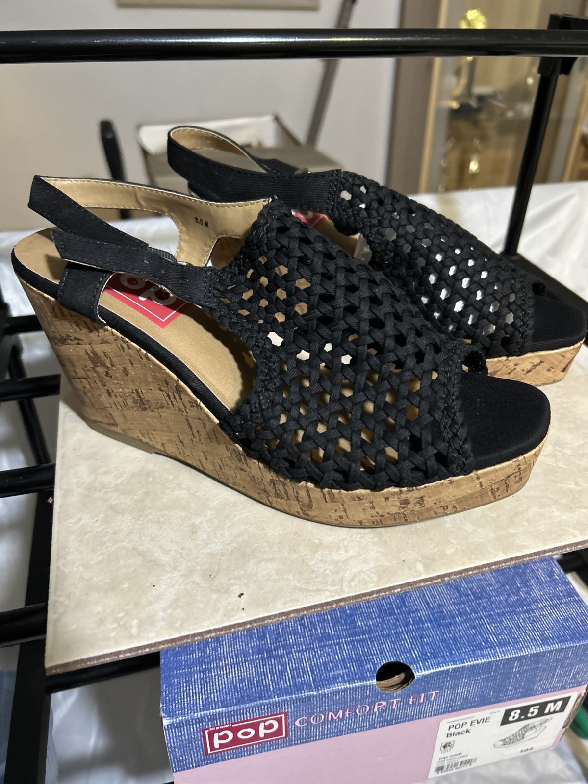 Pop Women’s Crochet Wedge Sandals Black Size 8.5 Evie Style Bin S25