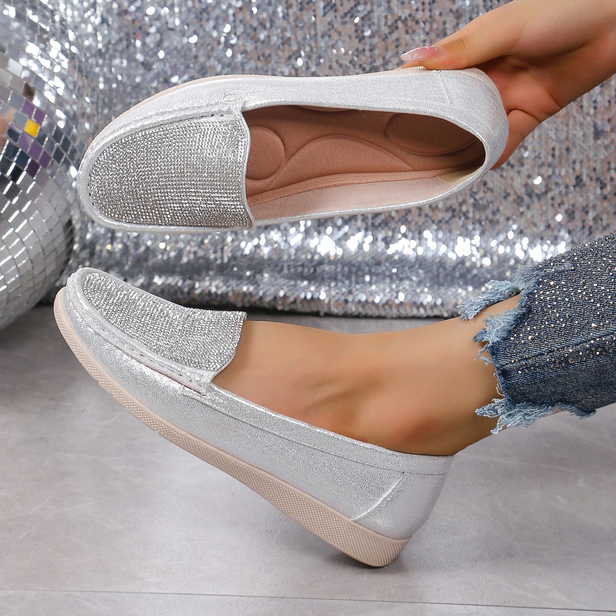 Men’s Loafers Flat Glitter Rhinestone Round Toe Causal Mary Janes Shoes Slip On