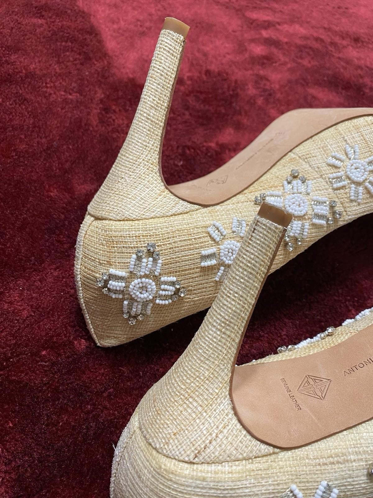 Antonio Melani Ivory Heels 10M Beaded Rhinestone Tassel Dress Shoes Wedding