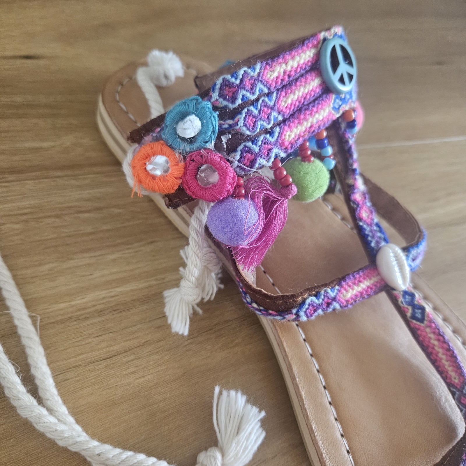 Hippie Boho Bali Made Unique Embroidered Beaded Festival Sandals Thongs Size 8au