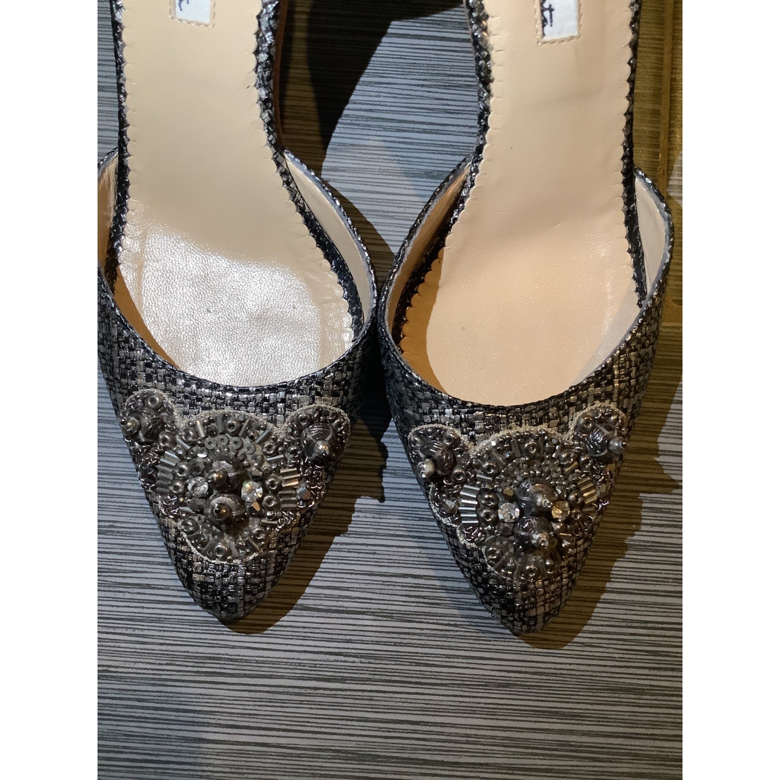 Oscar de la Renta Silver Black Metallic Beaded d’Orsay Pumps Heels Size 38 Italy