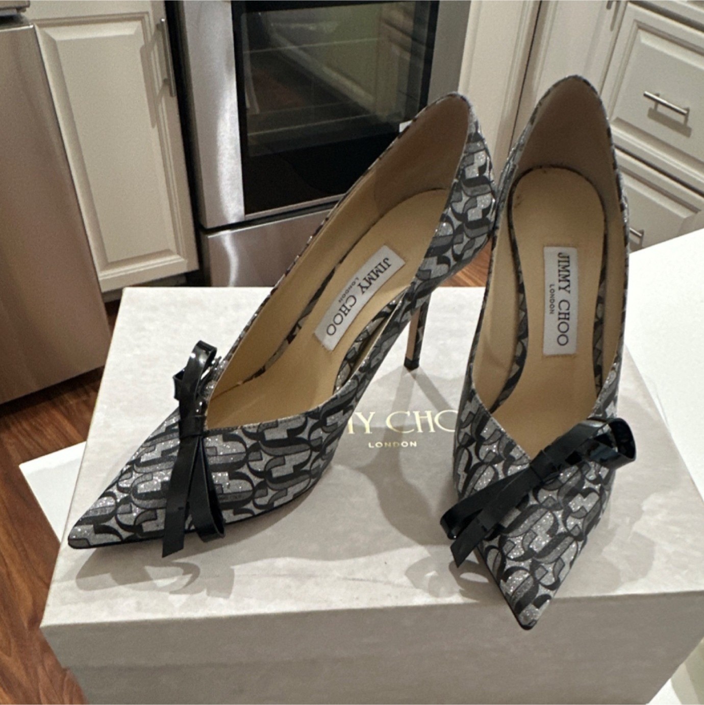 Jimmy Choo Silver Black Glitter Bow Logo Stiletto Pumps Women EU 37.5