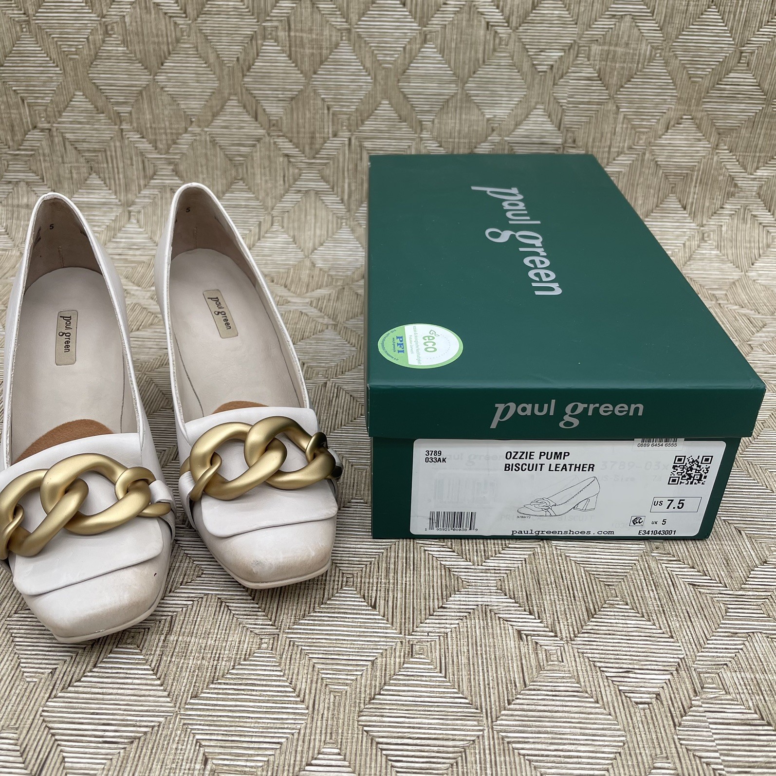 $420 Paul Green OZZIE LEATHER PUMP LOAFERS GOLD CHAIN BISCUIT SQUARE 7.5 US