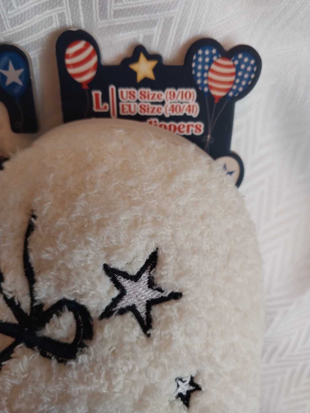 Patriotic USA Slippers Stars Ribbons Red White Blue Moon Cake Women’s 9-10 L NEW