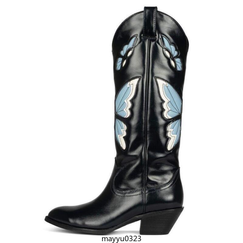 Women’s Mid Calf Boots Low Block Heel Butterfly Pull On Casual Cowgirl Shoes New