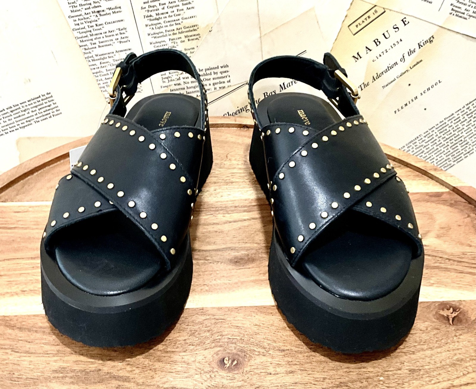 Anthropologie Maeve The Chrissy Platform Sandal Black Studs Leather 36/5-5.5 NEW