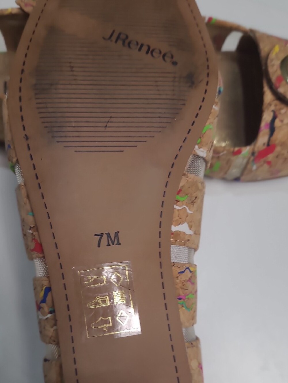 J. Renée Women’s Tan Cork Ballet Flats with Multicolor Paint Detail – Size 7