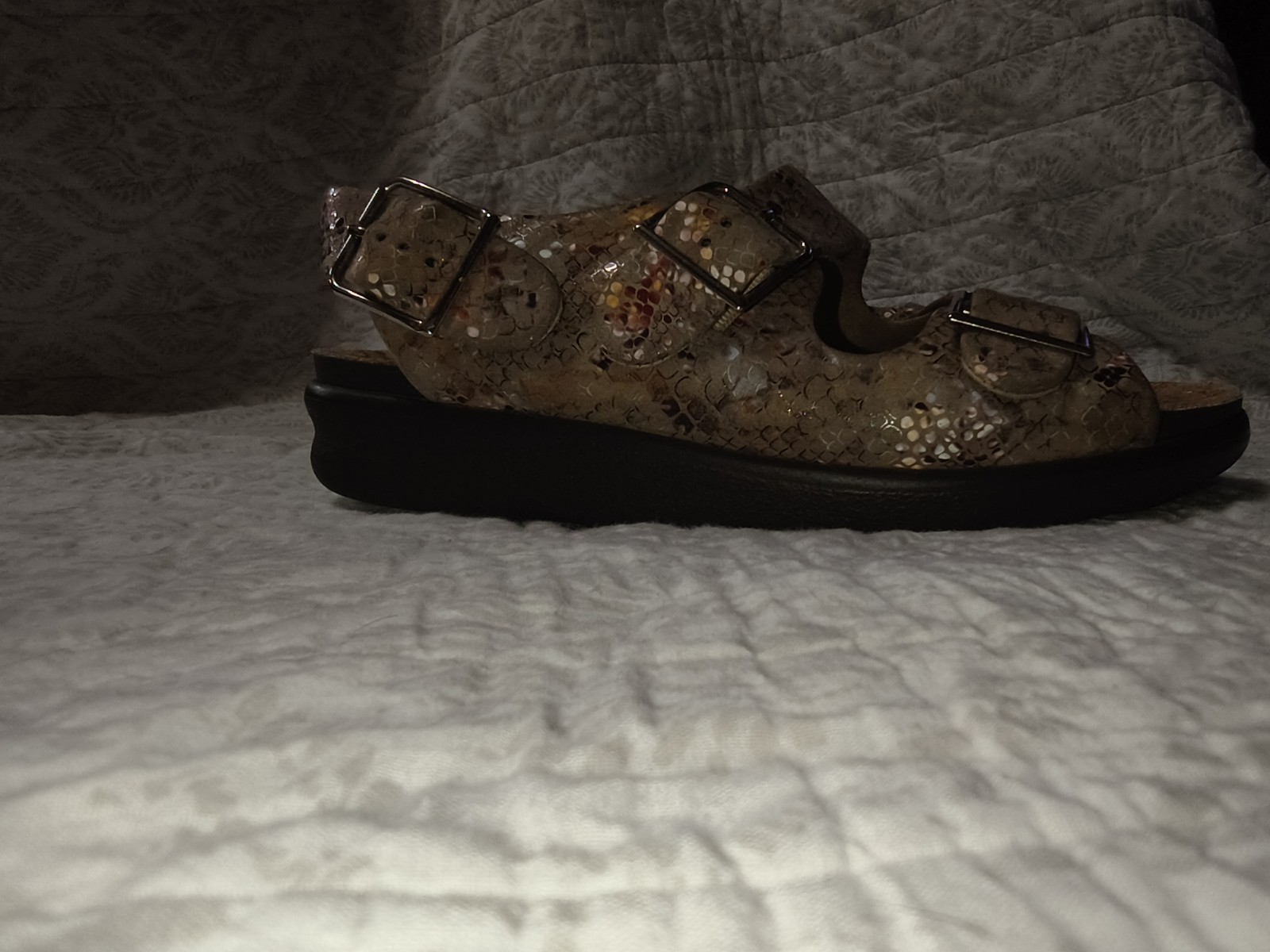 SAS Women’s Beige/Multicolor Snakeskin Leather Strappy Wedge Sandals Cork 7 M