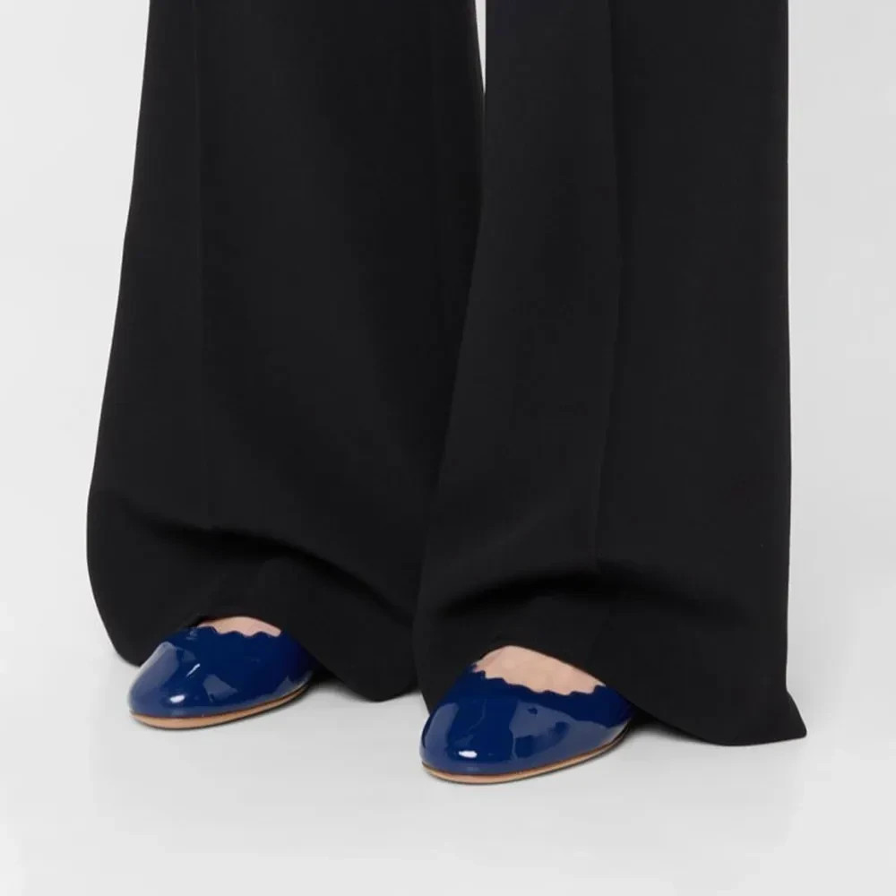 FSJ Simple Navy Patent Leather Round Toe Scalloped Ballet Flats FSJ202502052