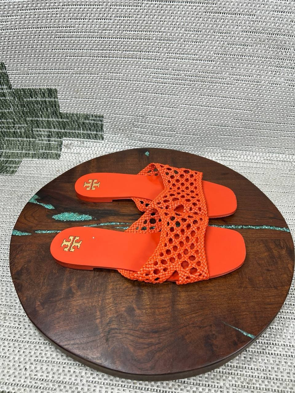 Tory Burch Sandals Womens Size 8 M Slides Desert Flower Orange Woven Leather