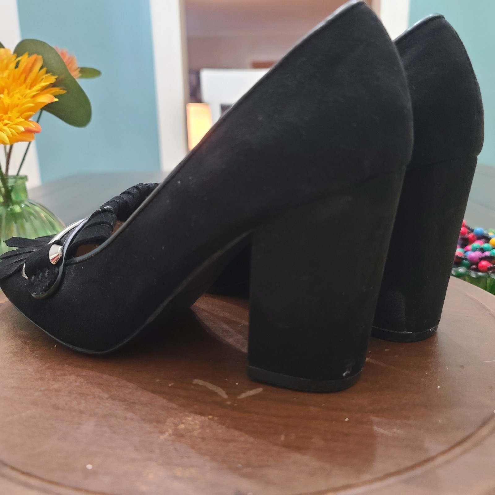 David Aaron Black Mormont Fringe Heeled Platform Shoes Sz 6.5
